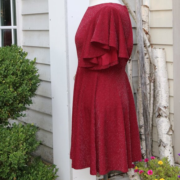 Burgundy Glitter Sparkle Stretch Flutter Sleeve Full A-Line Dress Sz SMALL - Picture 4 of 6